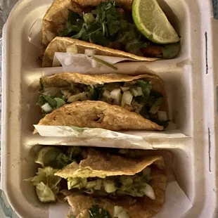 3 street tacos. Top to bottom: Al pastor, chicken, carnitas