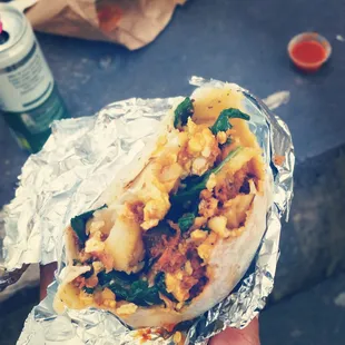 Papas burrito with spinach and chorizo