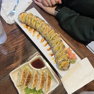 Sushi roll and gyoza