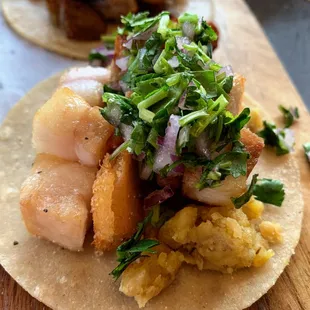 Fried Pork Belly Taco (part of Tres Cochinitos Tacos plate)
