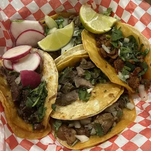 Tacos chose 5 different meats and all tasty: asada, pastor, cabeza, carnitas, birria $2-3 ea.  5*