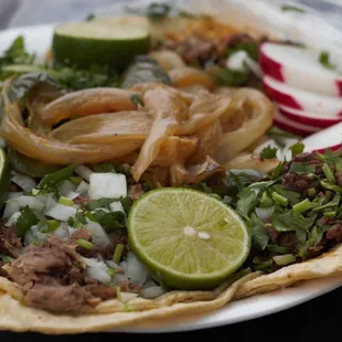 Platter of Carne Asada, Lengua, Cabeza and Birria tacos