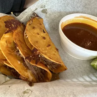 Birria tacos (minus cilantro and onions)