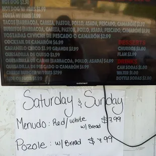 Menu w/ weekend menudo and pozole