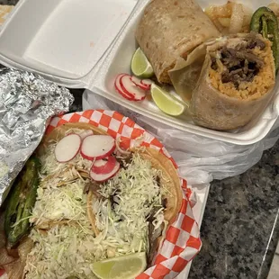 2chicken 2asada tacos and asada burrito love the grilled jalapeño and onions on the side yummm