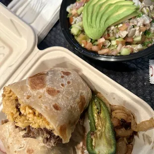 Asada Burrito and shrimp Ceviche de Camaron
