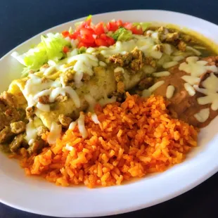 Chile Colorado Pork Burrito. Served with Rice &amp; Beans.