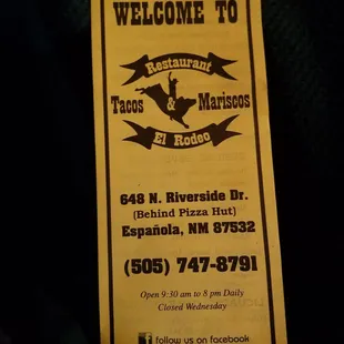 Menu at El Rodeo