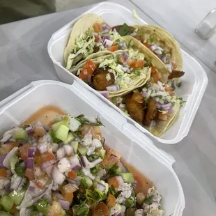Tacos de pescado (fish tacos) and ceviche de Camaron (shrimp ceviche)