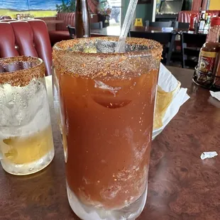 Michelada  with modelo Negro my favorite Mexican dark beer. Just gives it a great taste.