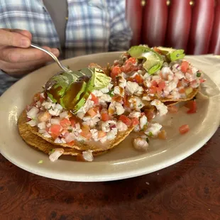Ceviche Camaron Tostada also with white fish