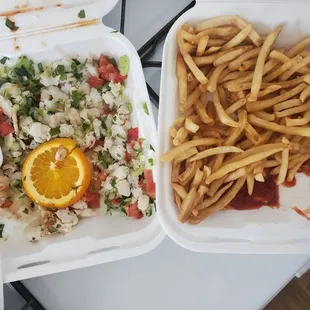 Tostada de camarón and fries