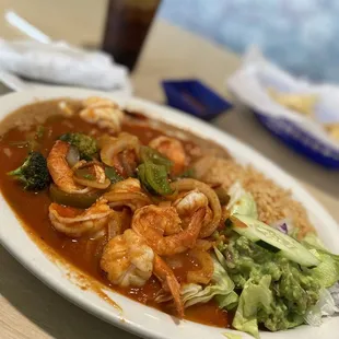 Camarones a La Diabla Rice Beans Coca Cola Mexicana