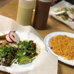 Carne Asada street tacos and Spanish rice