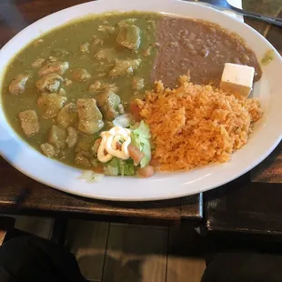 Chili verde with beans and rice