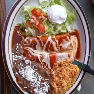 Lunch combination 2 enchiladas, rice and beans