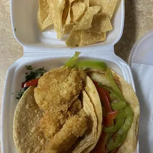Marinero Taco and one Mahi Mahi Taco and chips