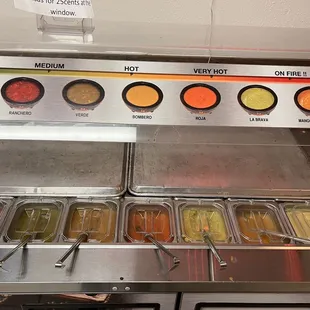 Sauce variety at Taco Y Mas