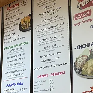 Platters, vegetarian options, party pak, burritos etc.