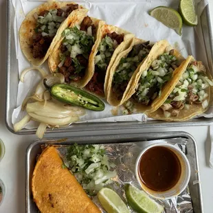 6 street tacos (3 pastor, bistec, lengua, tripa) and birria taco