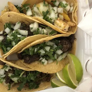 Islander , brisket, and Barbacoa tacos to go
