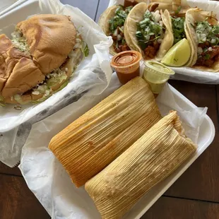 Fajita torta, tacos al pastor &amp; tamales