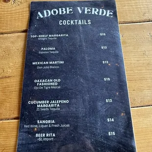 Cocktail menu