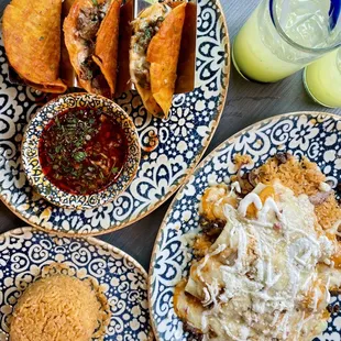 three plates of mexican food