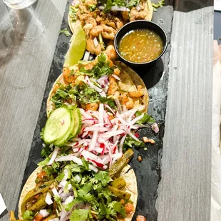 Nopales (cactus), shrimp, and chicken tacos