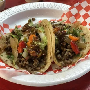 Asada Tacos with home made corn tortillas &amp; delicious salsas.