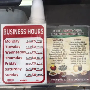 hours and menu