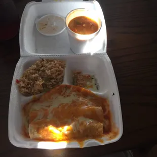 Beef enchilada plate with rice &amp; charro beans. Good stuff