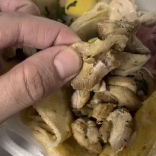 a hand holding a piece of food