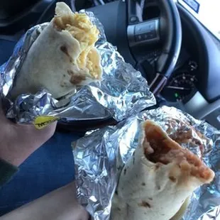 The breakfast burrito and bean burrito.