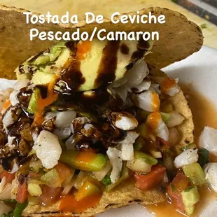 Ceviche,shrimp,fish,callo tostada