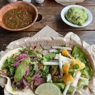 Carnitas and grilled chicken tacos