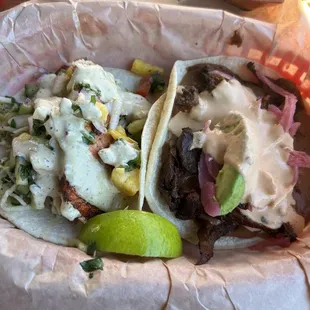 Tacos (Herbivore Mushroom on the right and Seafood Blackened Salmon on the left)