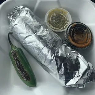 Each burrito comes standard with a whole grilled Jalepeno, and two salsas!