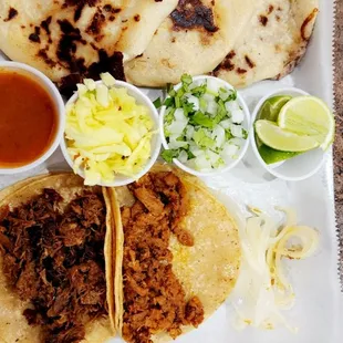 3 pupusas- chicken, cheese &amp; bean 2 tacos- barbacoa &amp; pastor