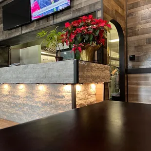 a view of a restaurant counter