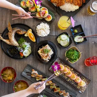 Variety of sushi and hot Japanese food