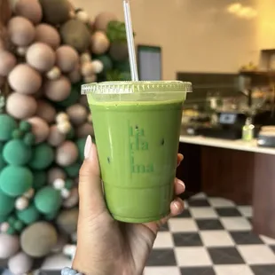 Iced matcha latte with oatmilk. Wish it had more matcha flavor