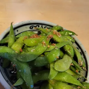 Garlic edamame $4 the taste is so good it&apos;s a perfect combination to a toasty garlic love it.