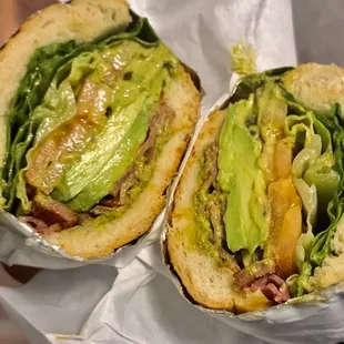 B5. CILANTRO PASTRAMI (French Roll) - Pastrami, Avocado, Jalapeno, Lettuce, Tomato and Onion with Mayo and Cilantro Sauce.