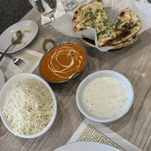 Garlic nan , Chicken Tikka Masala, Basmati Rice and Raita