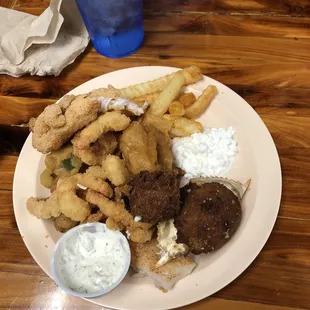 Catfish, shrimp, French fries, hush puppies