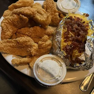 Fried Catfish Dinner with dinner salad and baked potato