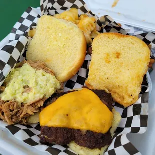 Pulled pork, slider, mac and cheese, baked beans