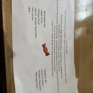 Kids menu