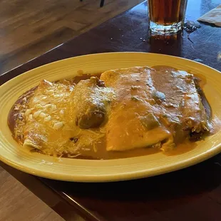 Combo Especial #2B   One bean burrito, one chile relleno, one tomale and one cheese and onion enchilada